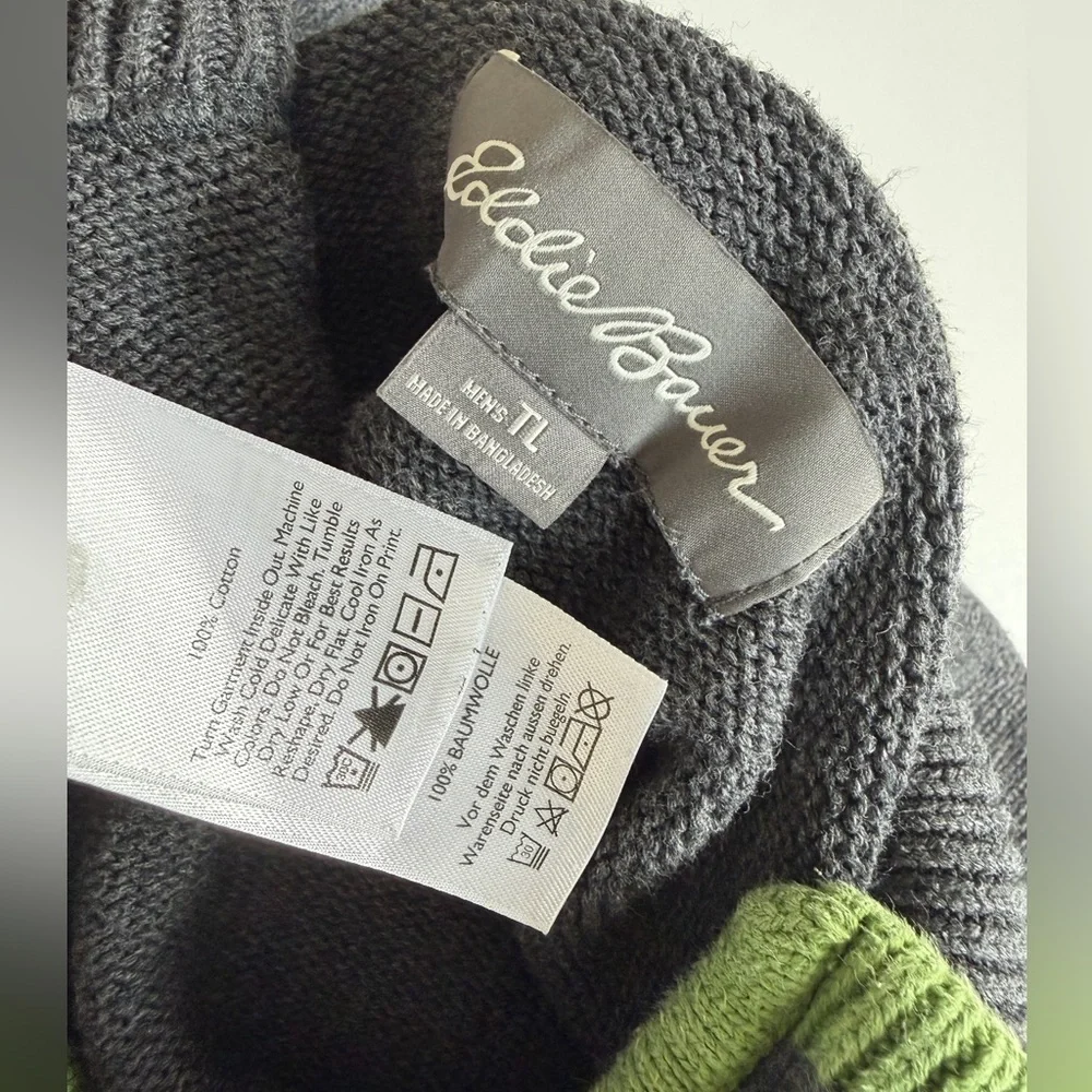 Eddie Bauer Sweater Pullover 1/4 Zip Charcoal/Lime Green Sz L 100%Cotton Grandpa